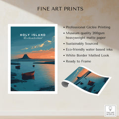 Holy Island Northumberland Wall Art Print | Lindisfarne Sunset Travel Poster showcasing a stunning sunset and boats.