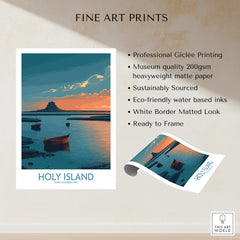 Holy Island Northumberland Poster | Coastal Castle Sunset Canvas Print showcasing professional printing and eco-friendly materials.