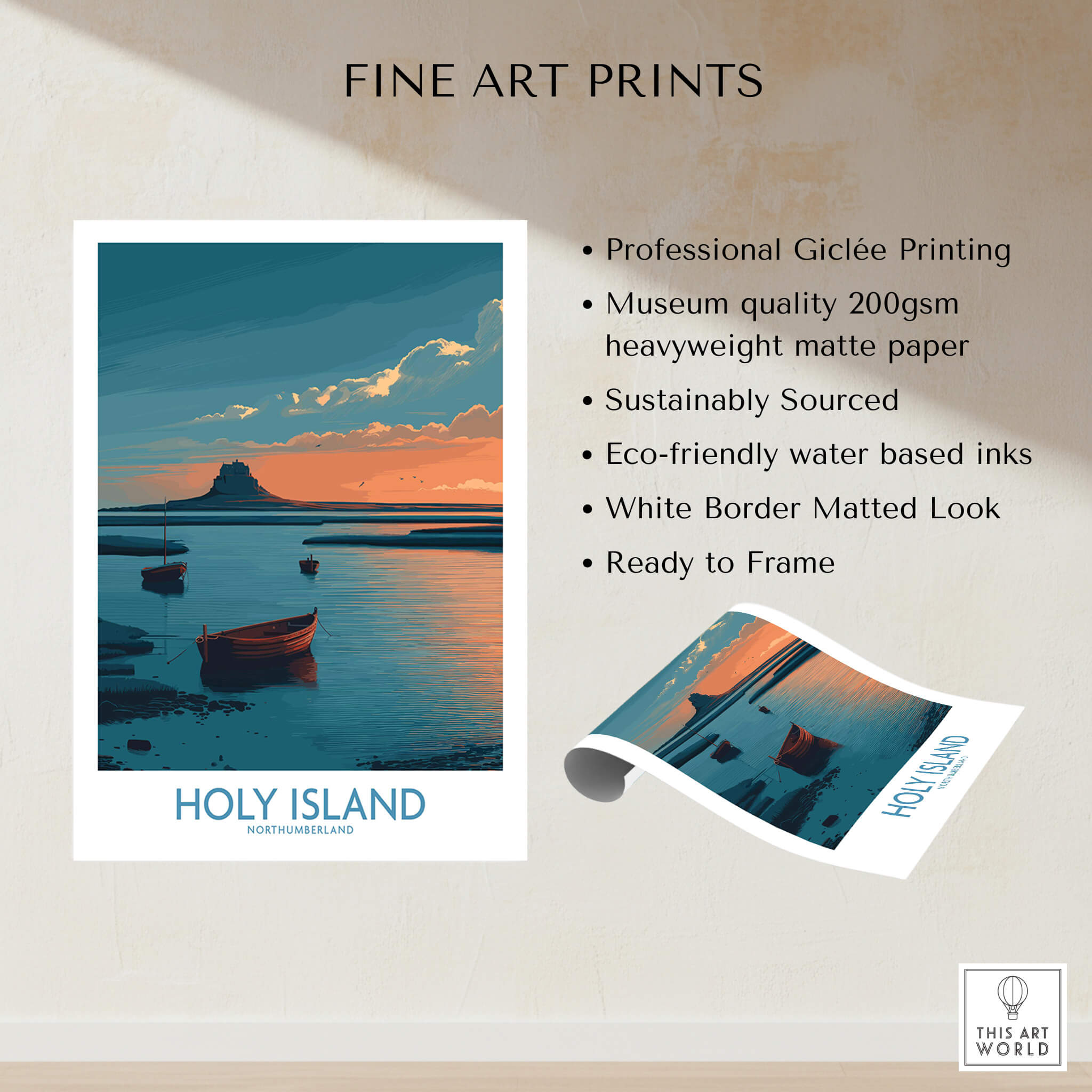 Holy Island Northumberland Poster | Coastal Castle Sunset Canvas Print showcasing professional printing and eco-friendly materials.