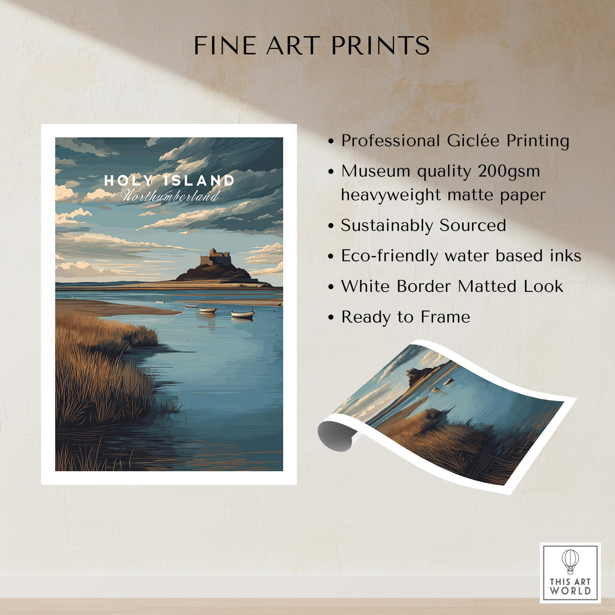 Holy Island Northumberland Travel Poster | Lindisfarne Castle Wall Art Print on matte paper with eco-friendly inks.