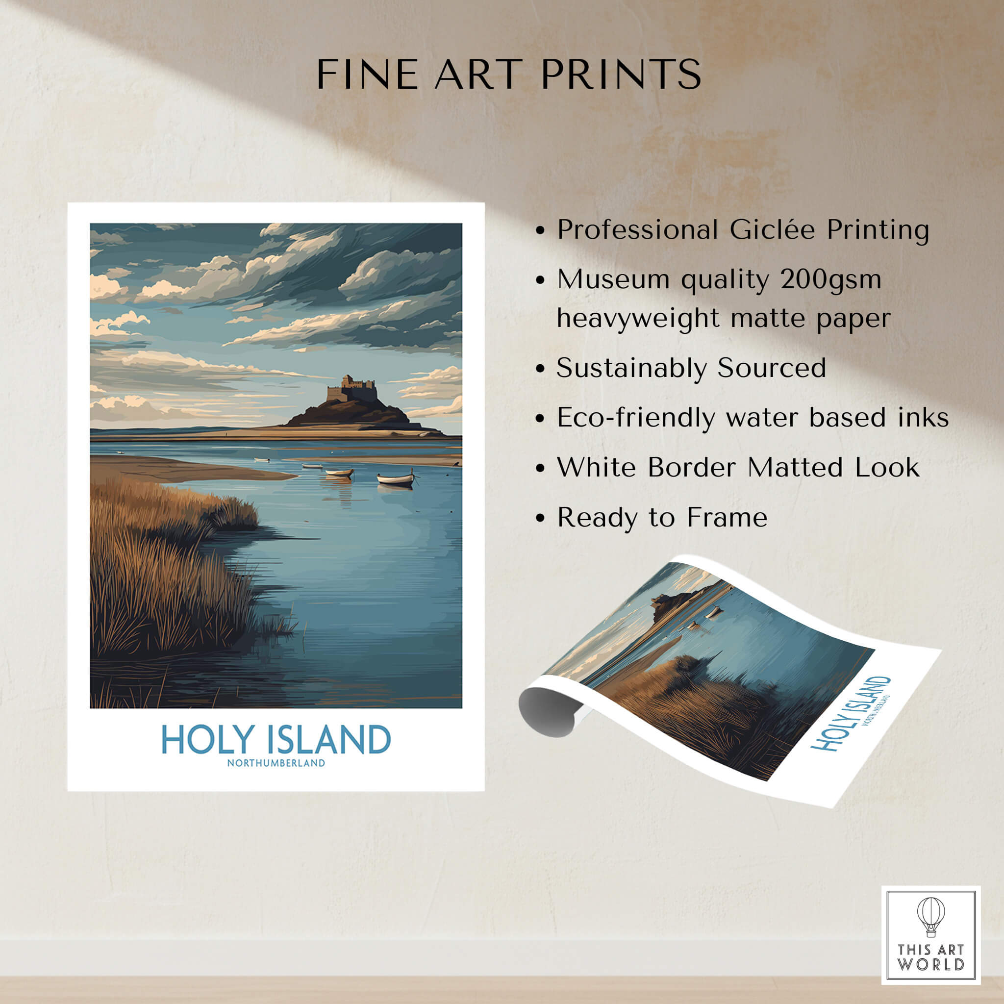 Holy Island Northumberland Poster | Historic England Coast Canvas Print showcasing professional Giclée printing and museum-quality paper.