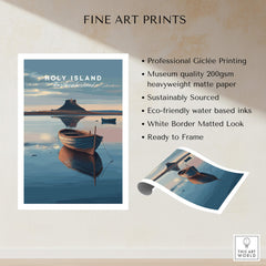 Holy Island Northumberland Wall Art Print | Serene Boat Scene Travel Poster with professional Giclée printing.