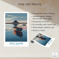 Holy Island Poster Northumberland | Lindisfarne Canvas Print showcasing a serene landscape with a boat and historical island.