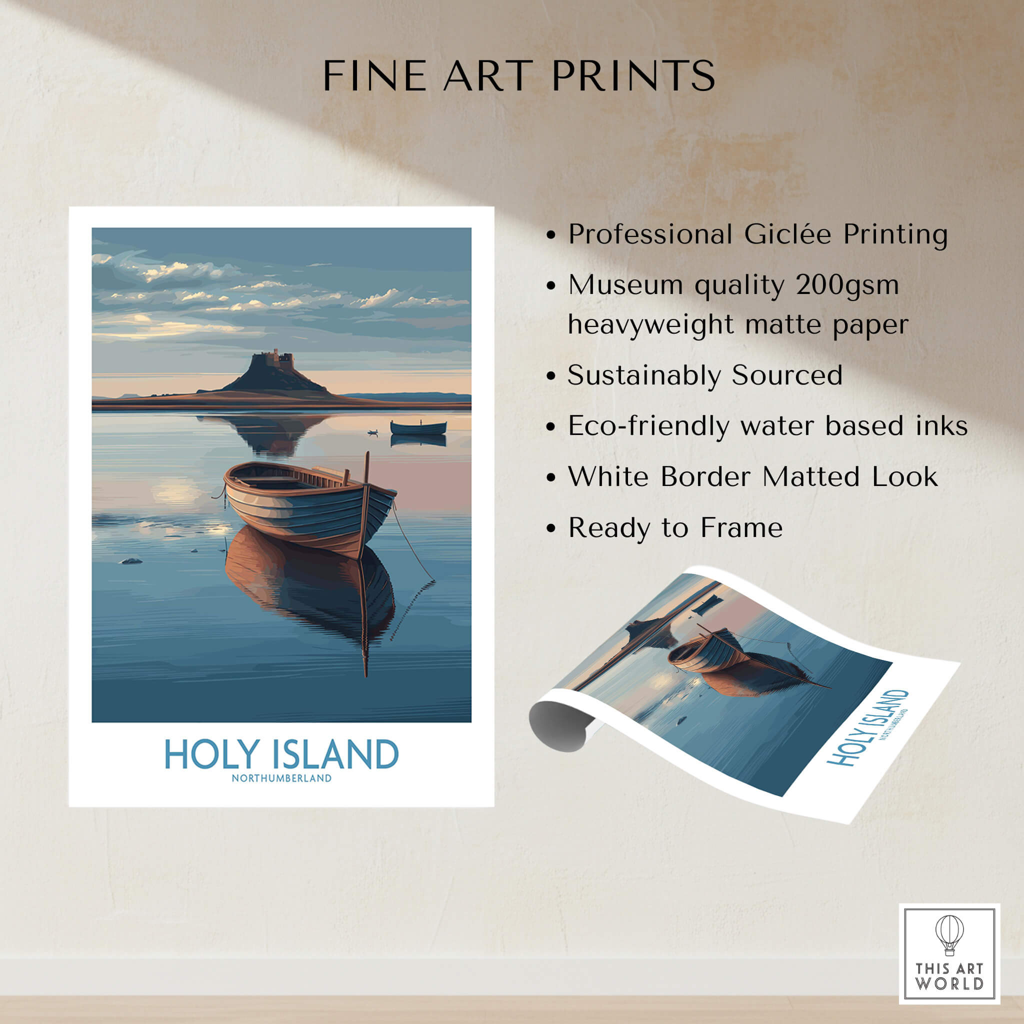 Holy Island Poster Northumberland | Lindisfarne Canvas Print showcasing a serene landscape with a boat and historical island.