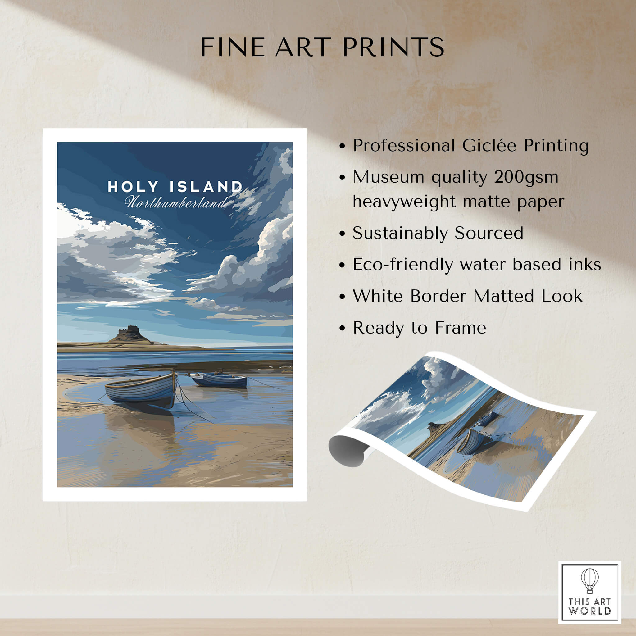 Holy Island Travel Poster Northumberland | Coastal Landscape Wall Art Print featuring boats on a serene beach.