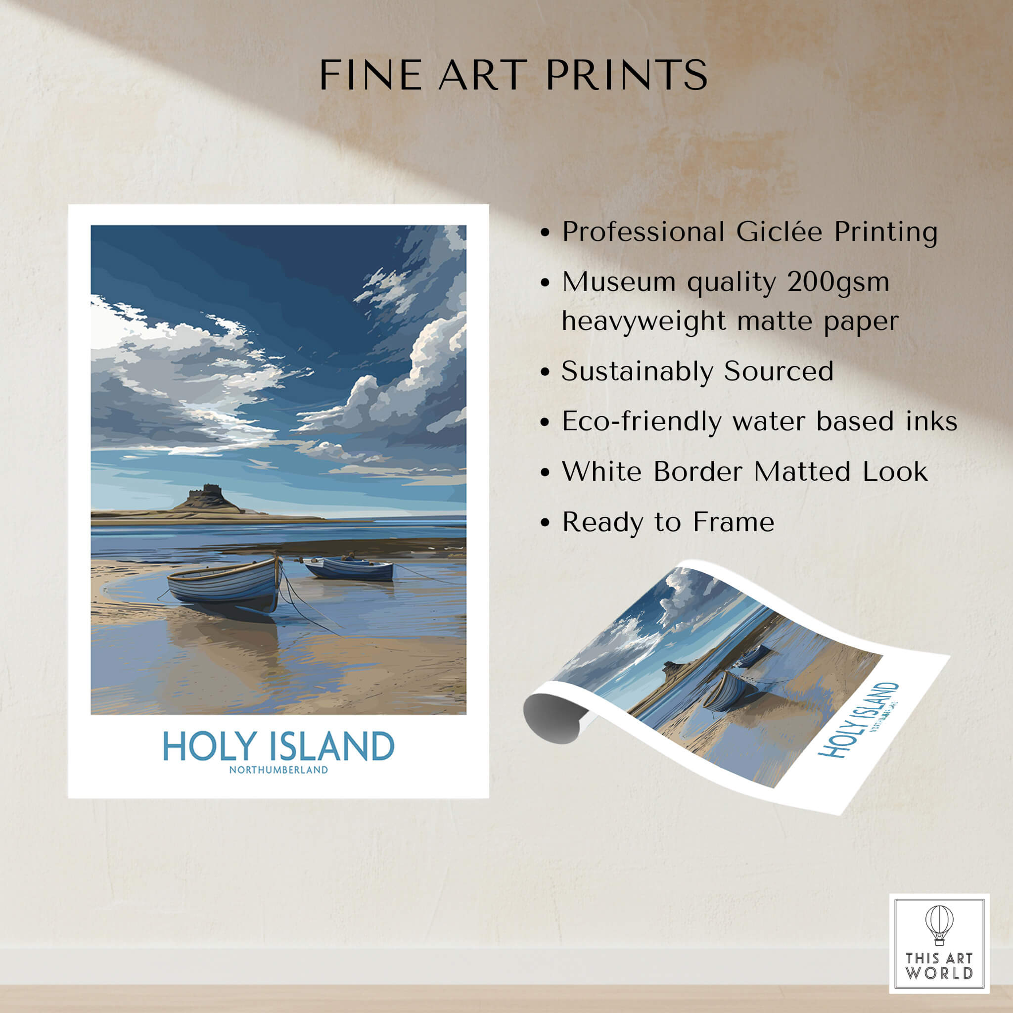 Holy Island Northumberland Poster | North Sea Coast Canvas Print featuring a scenic view of boats by the shore.