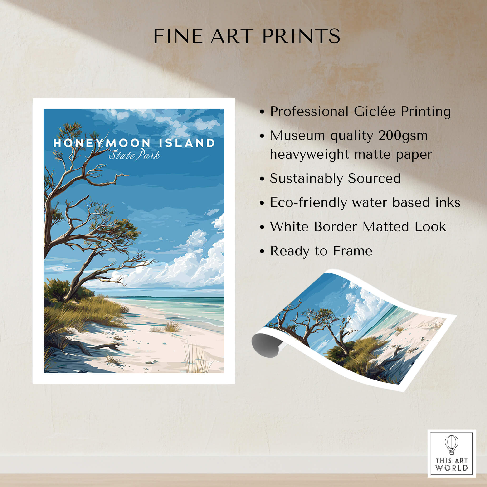 Honeymoon Island Wall Art Print | Florida Tropical Beach Travel Poster featuring vibrant blue skies and sandy shores.