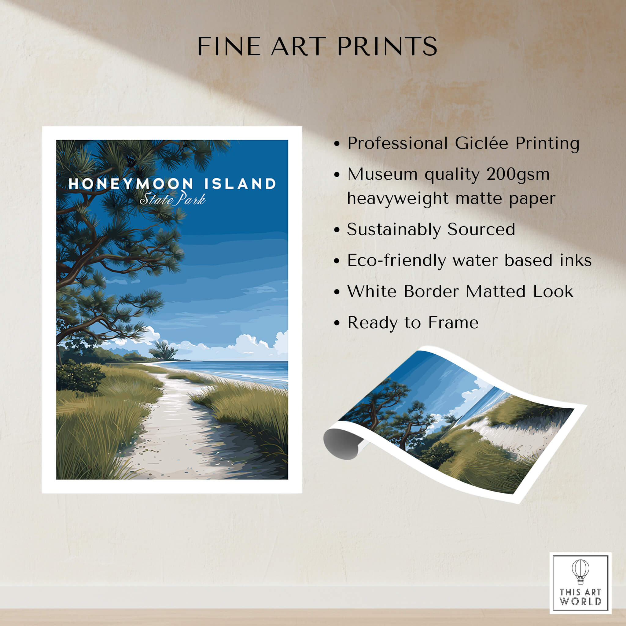 Honeymoon Island Wall Art Print | Florida Travel Poster showcasing a scenic beach path with lush trees.