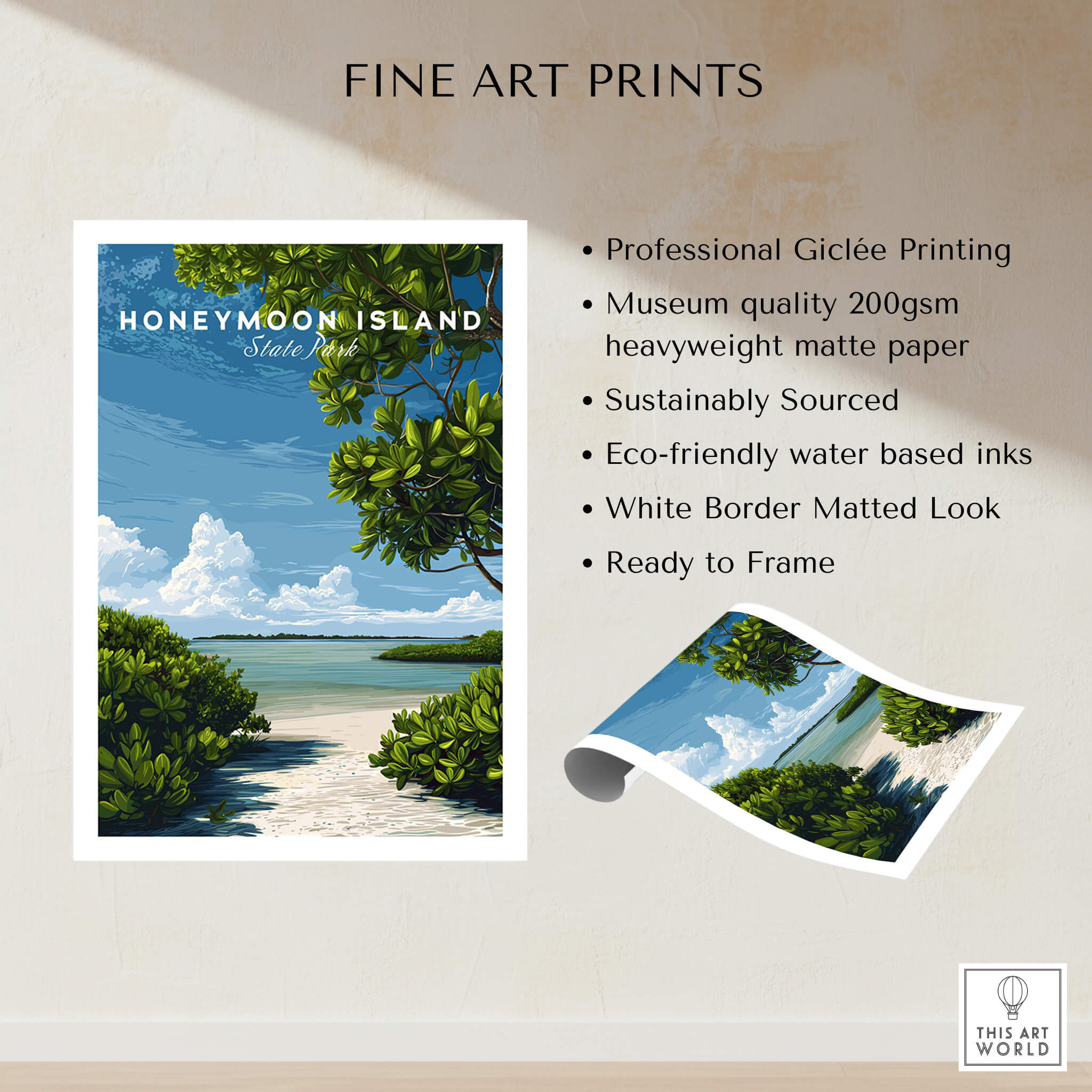 Honeymoon Island Florida Travel Poster | Mangrove Coast Wall Art Print showcasing eco-friendly and sustainable design elements.