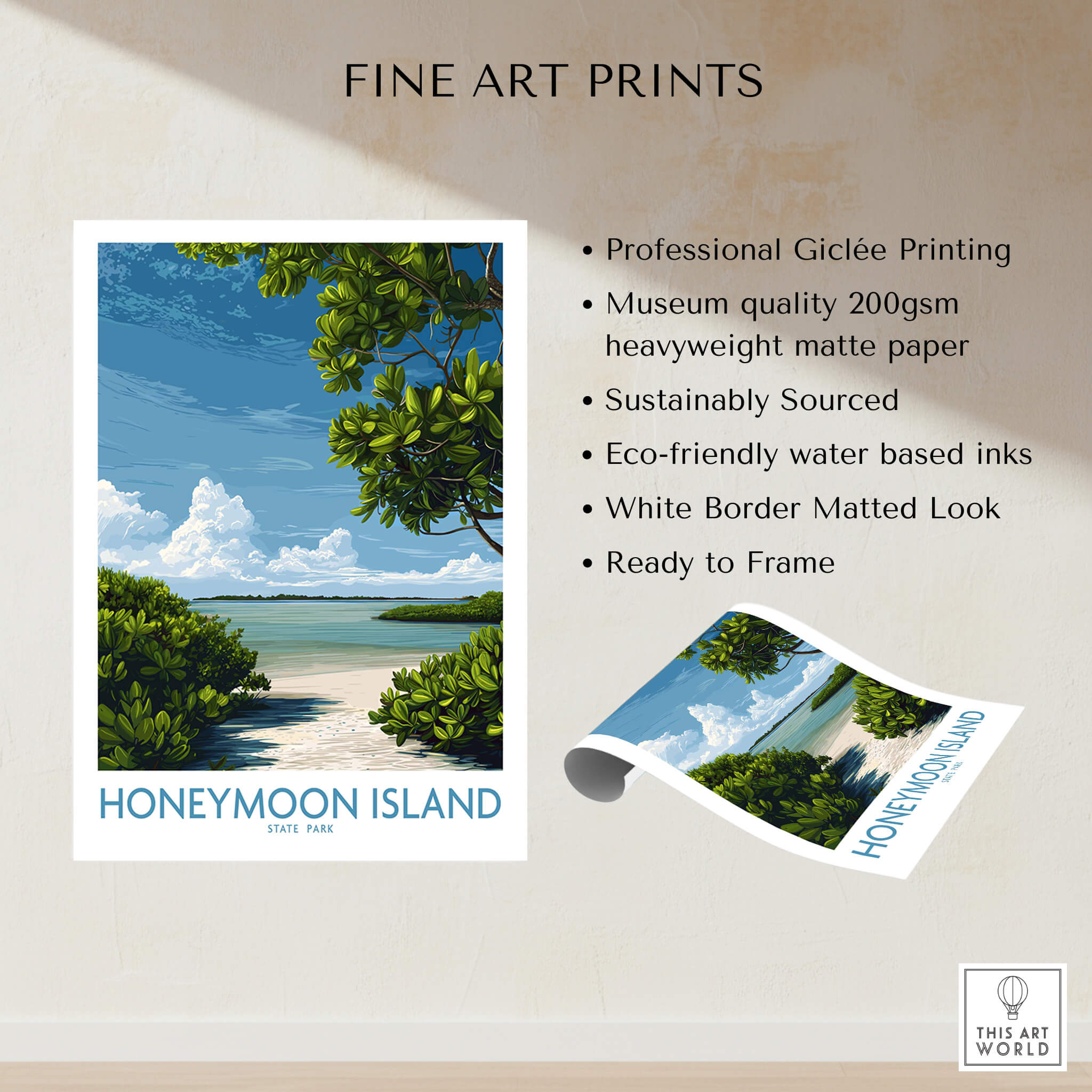 Honeymoon Island Florida Poster | Tropical Island Scene Canvas Print showcasing lush vegetation and pristine waters.
