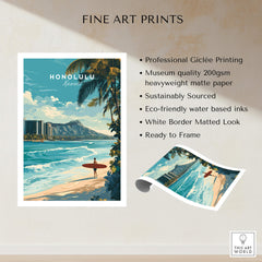 Honolulu Wall Art Print | Waikiki Beach Hawaii Travel Poster showcasing vibrant ocean and beach scene.