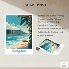 Honolulu Poster | Hawaii Surfing Canvas Print showcasing vibrant beach scene and surfing culture, ready to frame.