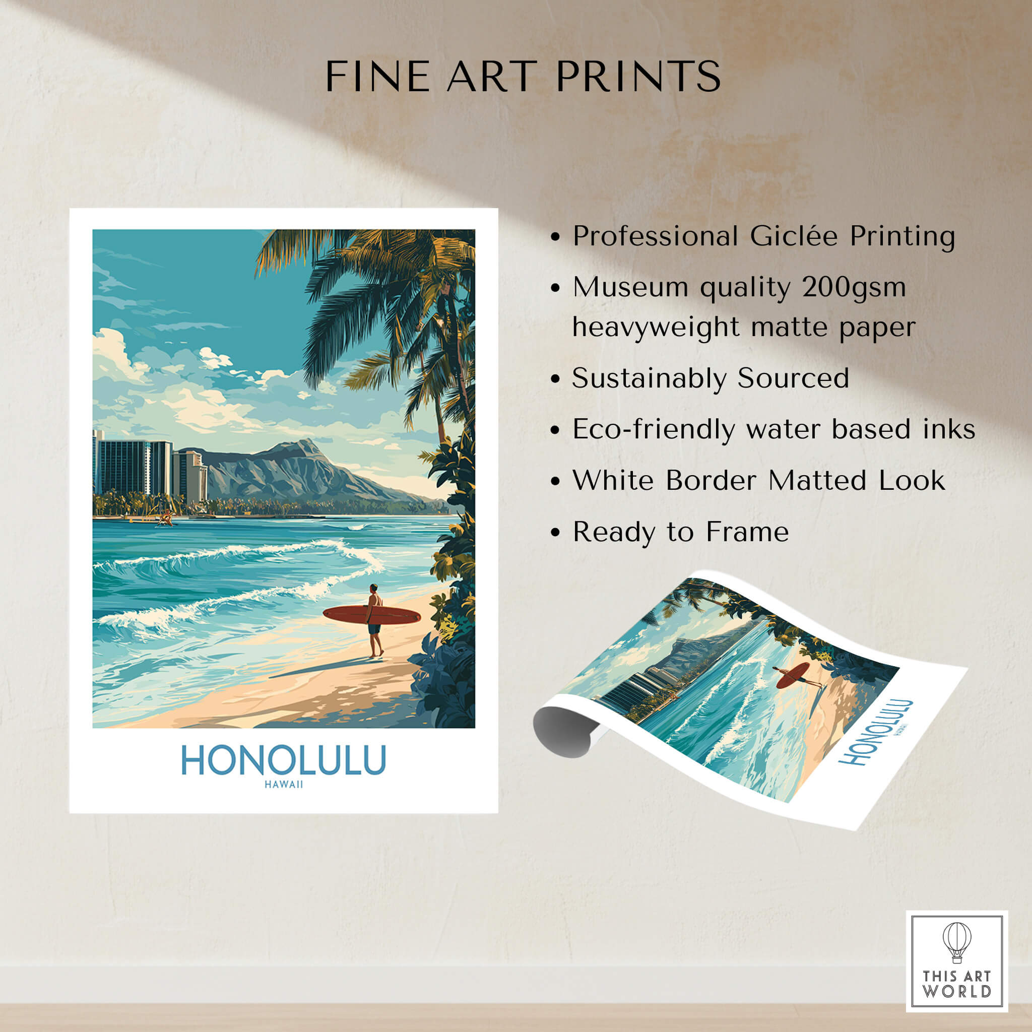 Honolulu Poster | Hawaii Surfing Canvas Print showcasing vibrant beach scene and surfing culture, ready to frame.