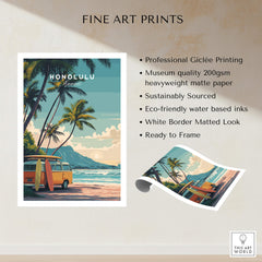 Honolulu Hawaii Travel Poster | Surf Van Beach Wall Art Print featuring a surf van with tropical scenery.