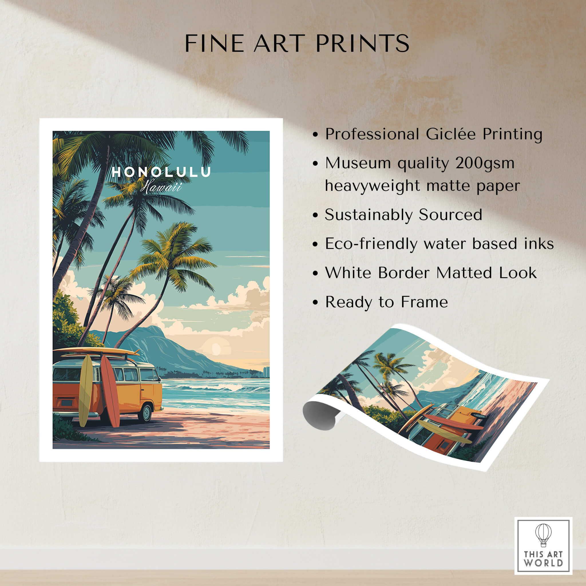 Honolulu Hawaii Travel Poster | Surf Van Beach Wall Art Print featuring a surf van with tropical scenery.