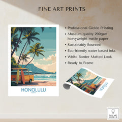 Honolulu Hawaii Poster | Vintage Aloha Style Canvas Print showcasing vintage art with palm trees and a retro van.