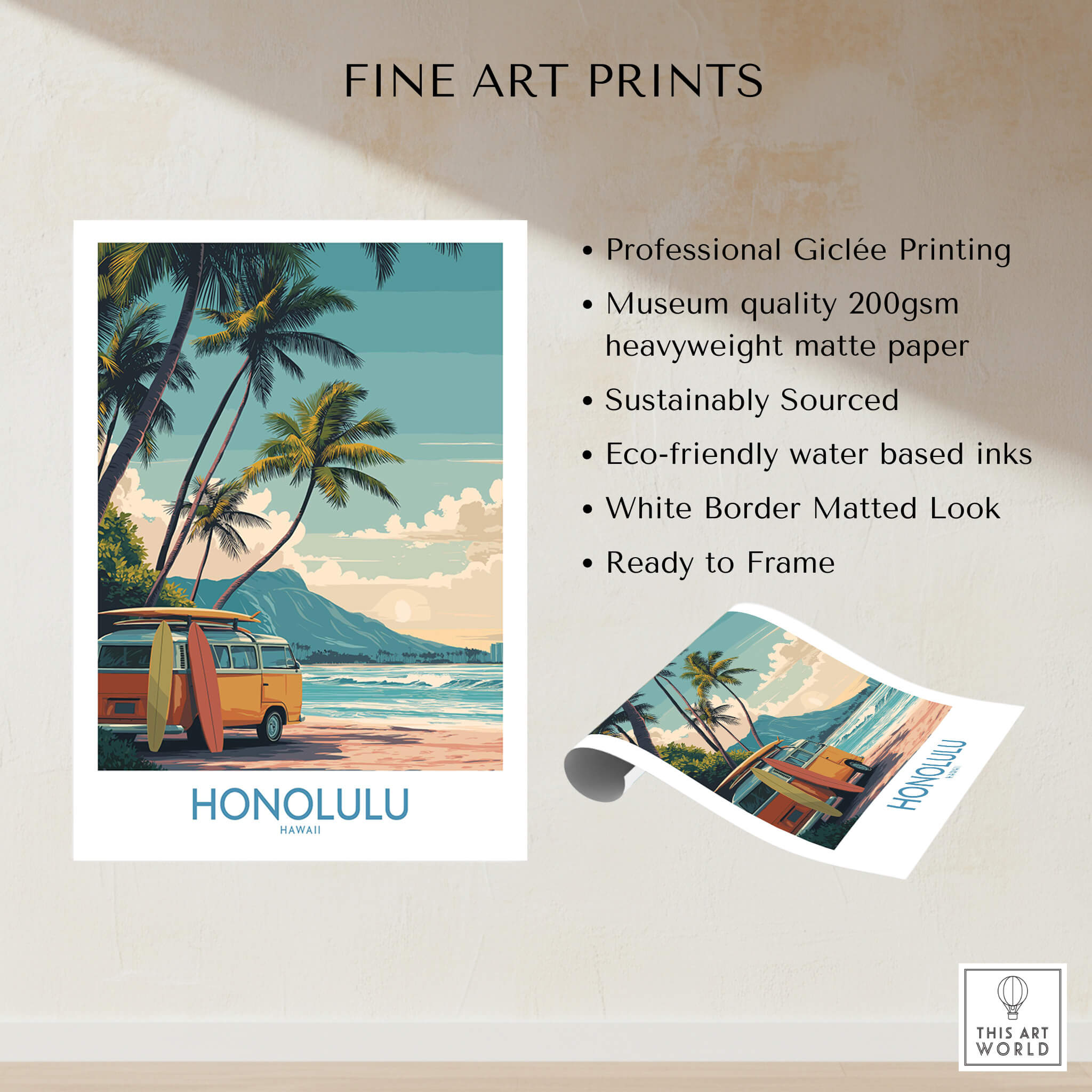 Honolulu Hawaii Poster | Vintage Aloha Style Canvas Print showcasing vintage art with palm trees and a retro van.