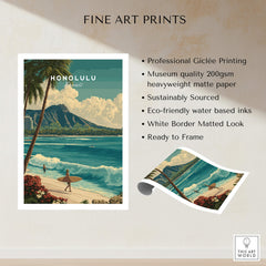 Honolulu Hawaii Wall Art Print | Waikiki Beach Surf Travel Poster showcasing stunning beach and surf scene.