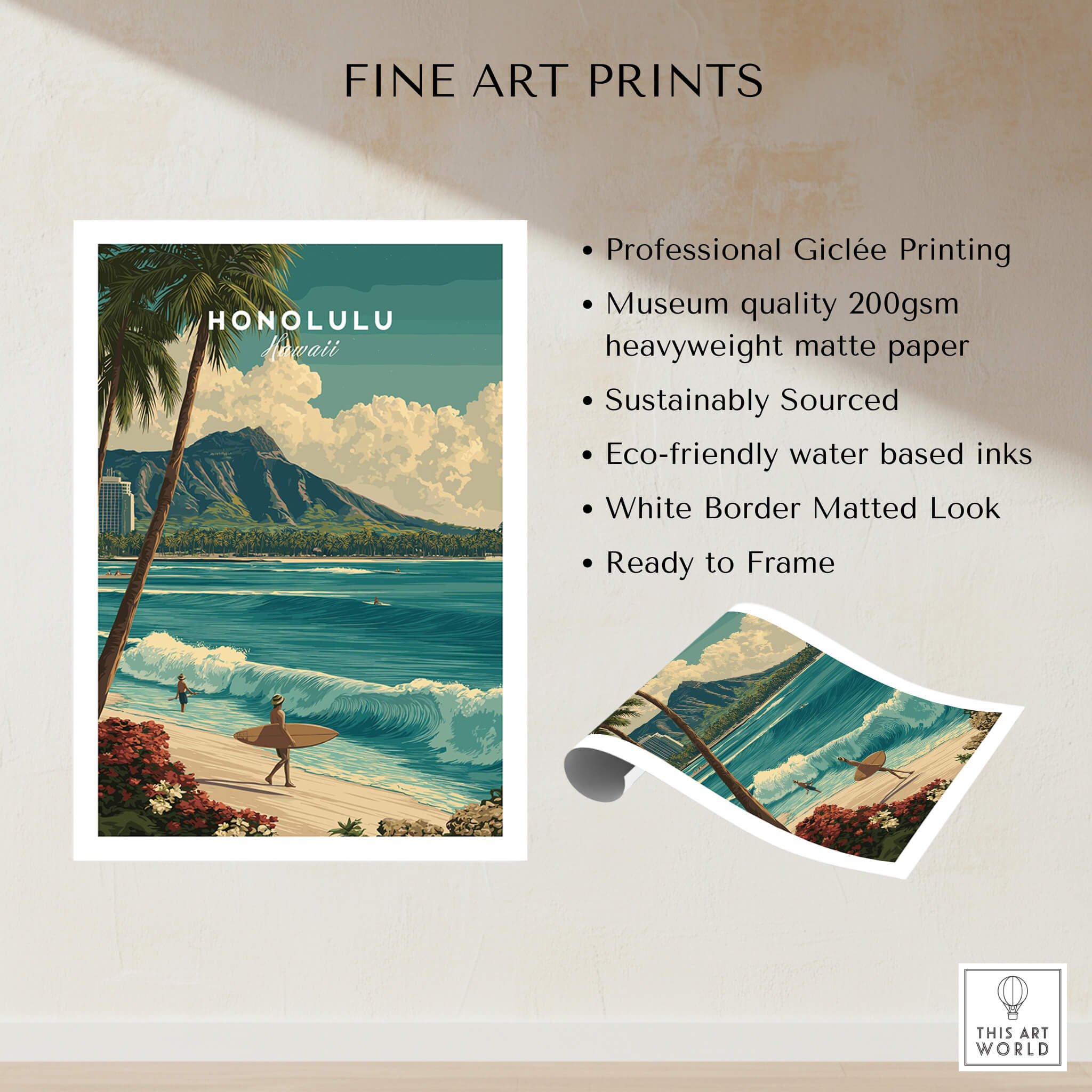 Honolulu Hawaii Wall Art Print | Waikiki Beach Surf Travel Poster showcasing stunning beach and surf scene.