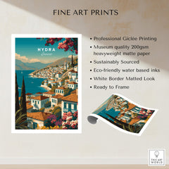 Hydra Greece Wall Art Print | Mediterranean Coastal Town Travel Poster showcasing Giclée printing and eco-friendly features.