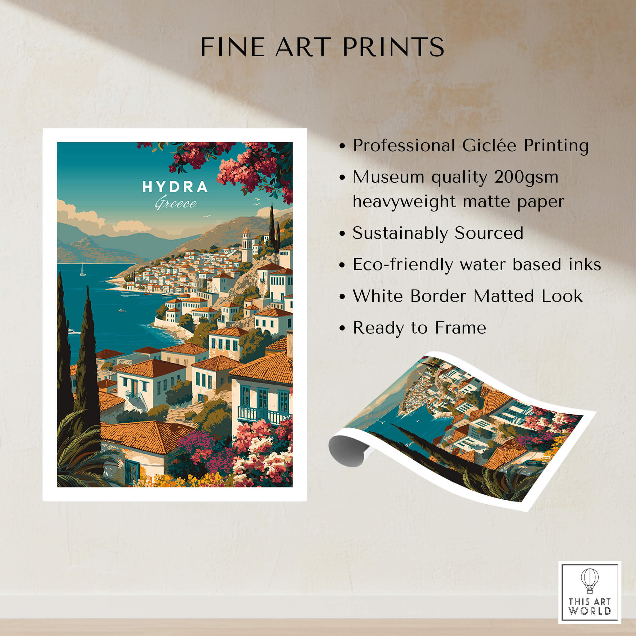 Hydra Greece Wall Art Print | Mediterranean Coastal Town Travel Poster showcasing Giclée printing and eco-friendly features.