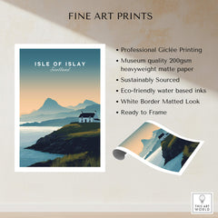 Isle of Islay Scotland Travel Poster showcasing dramatic coastlines and Highland landscapes in vibrant colors.