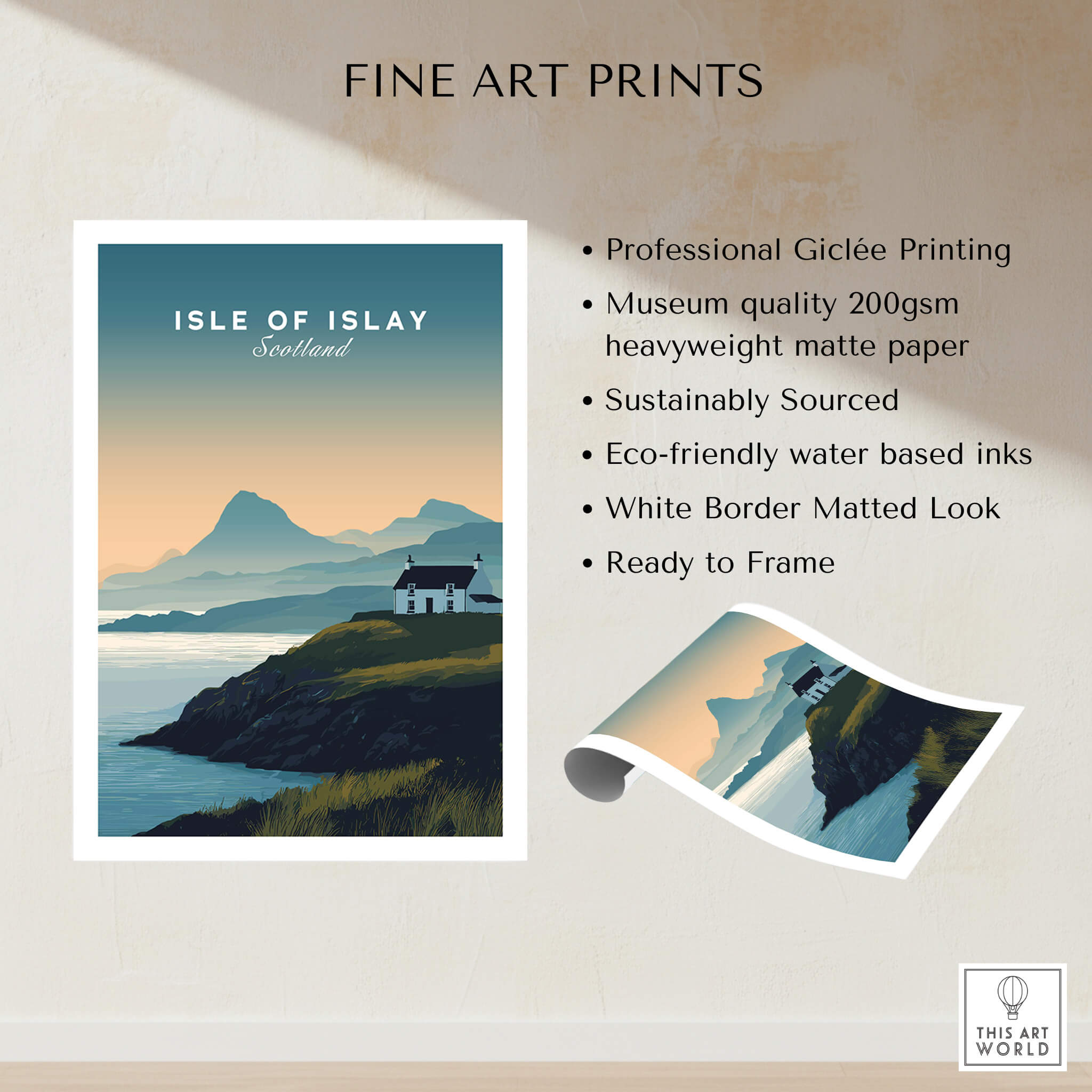 Isle of Islay Scotland Travel Poster showcasing dramatic coastlines and Highland landscapes in vibrant colors.