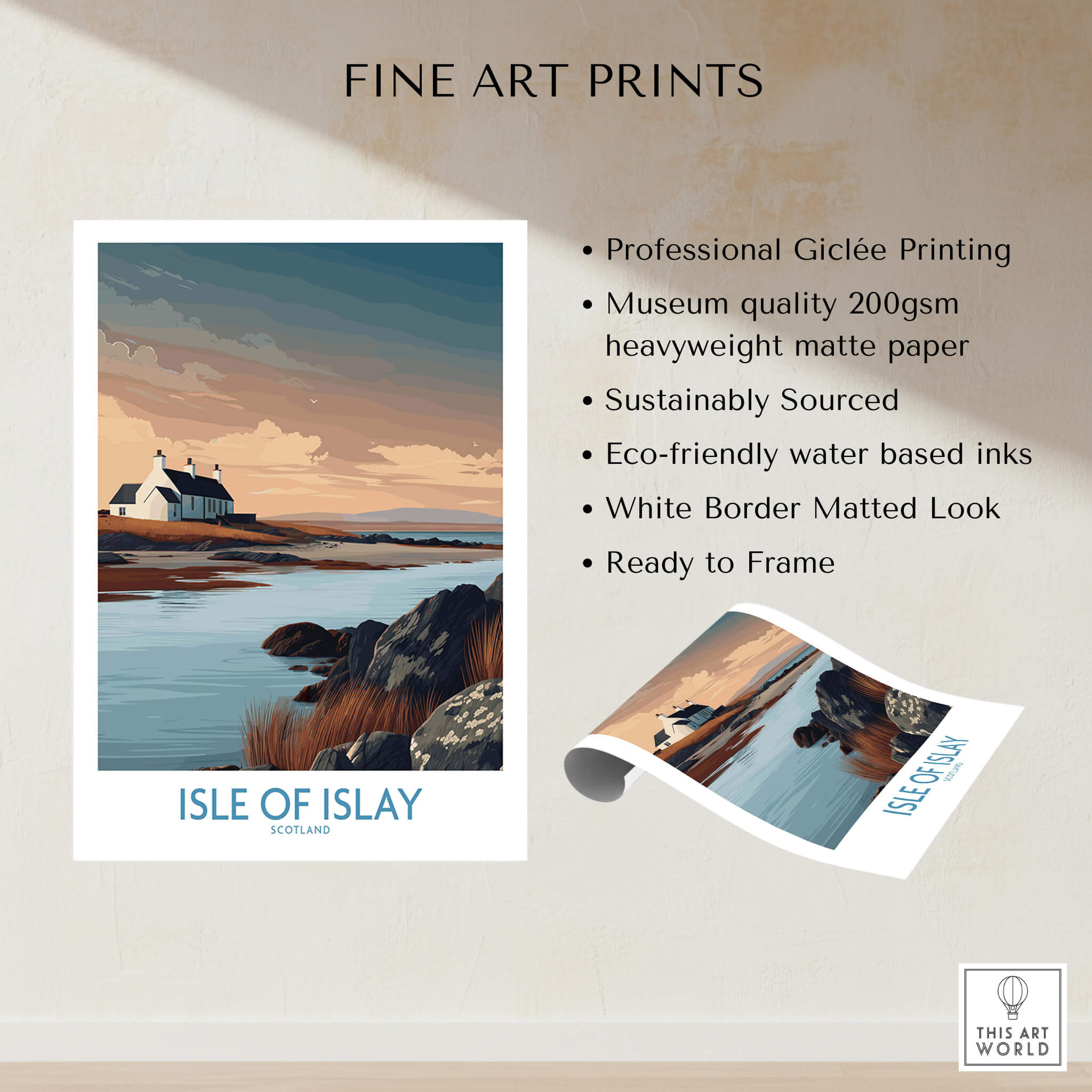 Isle of Islay Scotland Canvas Print | Hebrides Sunset Landscape Posters showcasing professional Giclée printing on heavyweight matte paper.