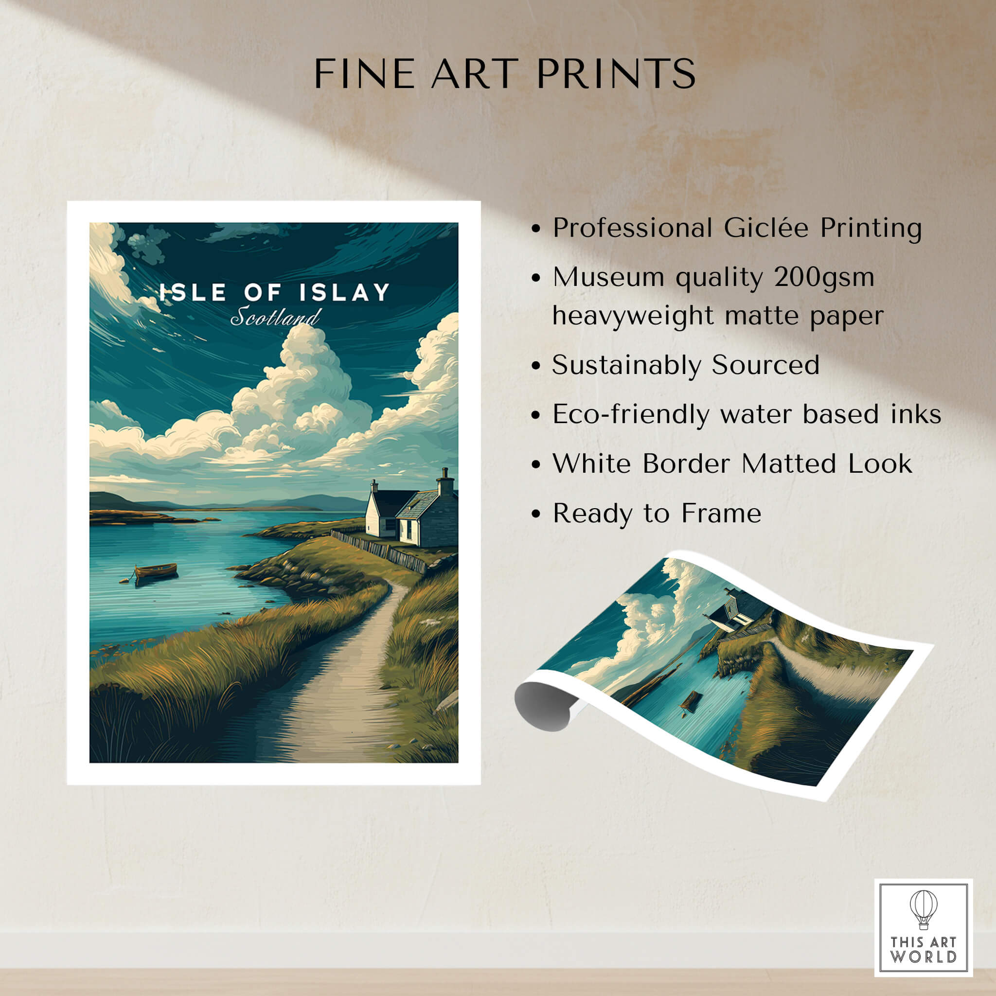 Isle of Islay Scotland Wall Art Print | Coastal Path Travel Poster showcasing the island's stunning shoreline and vibrant skies.