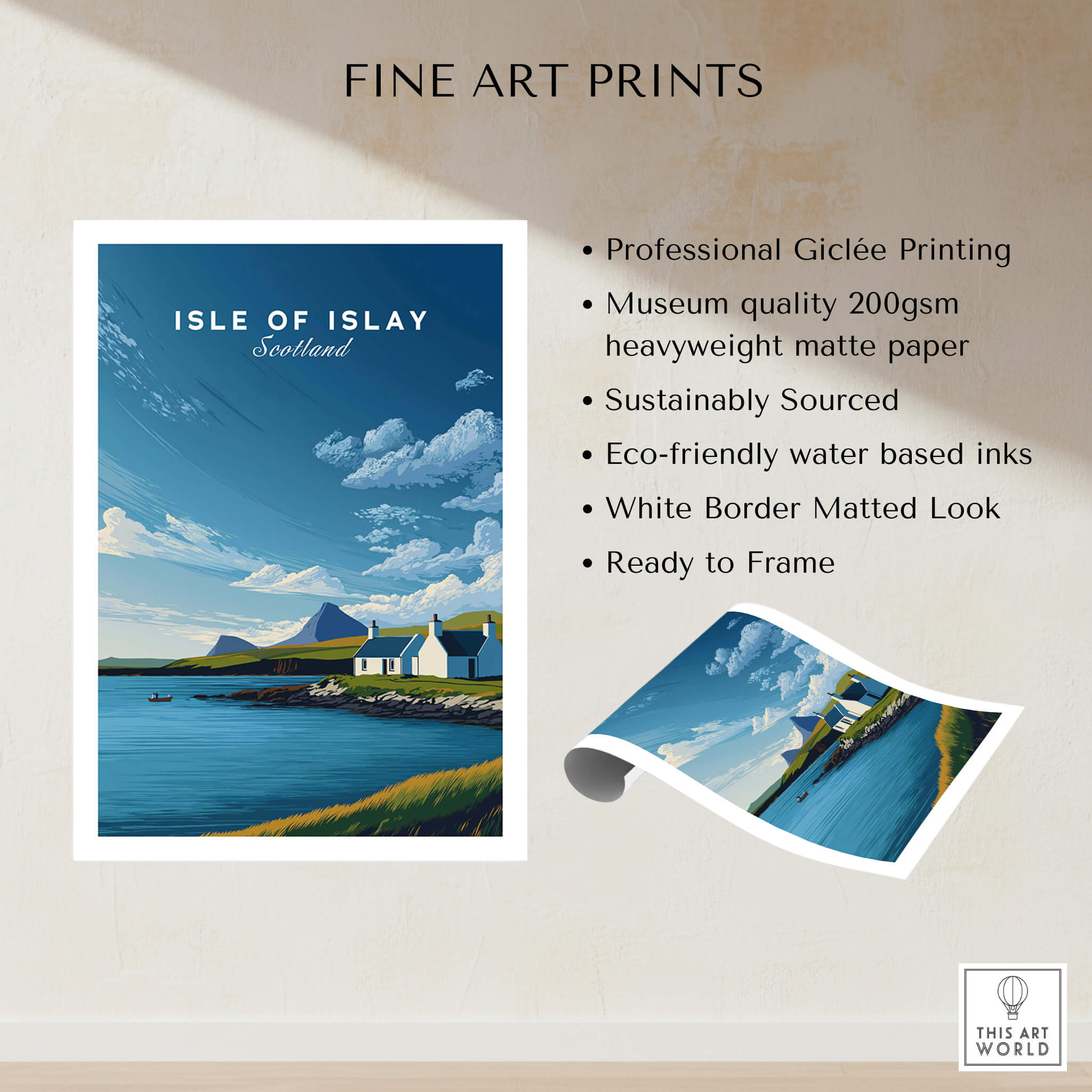 Isle of Islay Scotland Travel Posters | Sunny Coastal Wall Art Print showcasing professional giclée printing and eco-friendly materials.