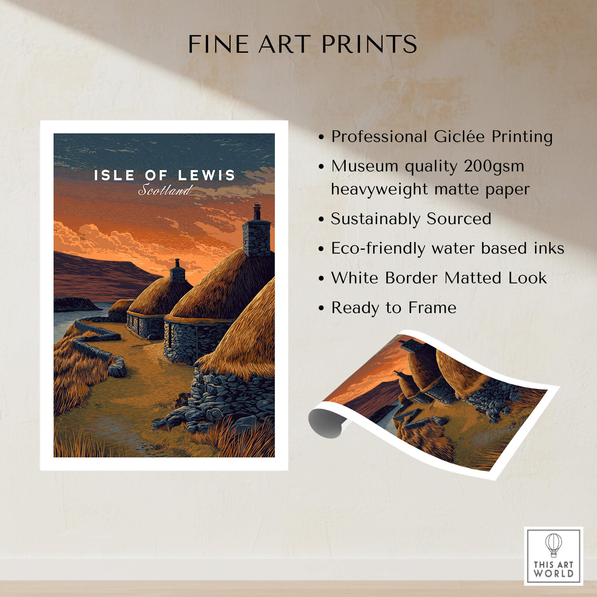 Isle of Lewis Scotland Travel Poster | Blackhouse Village Wall Art Print with Giclée printing and eco-friendly materials
