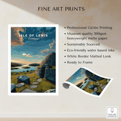 Isle of Lewis Scotland Travel Poster | Gearrannan Blackhouse Wall Art Print showcasing stunning landscapes and heritage.