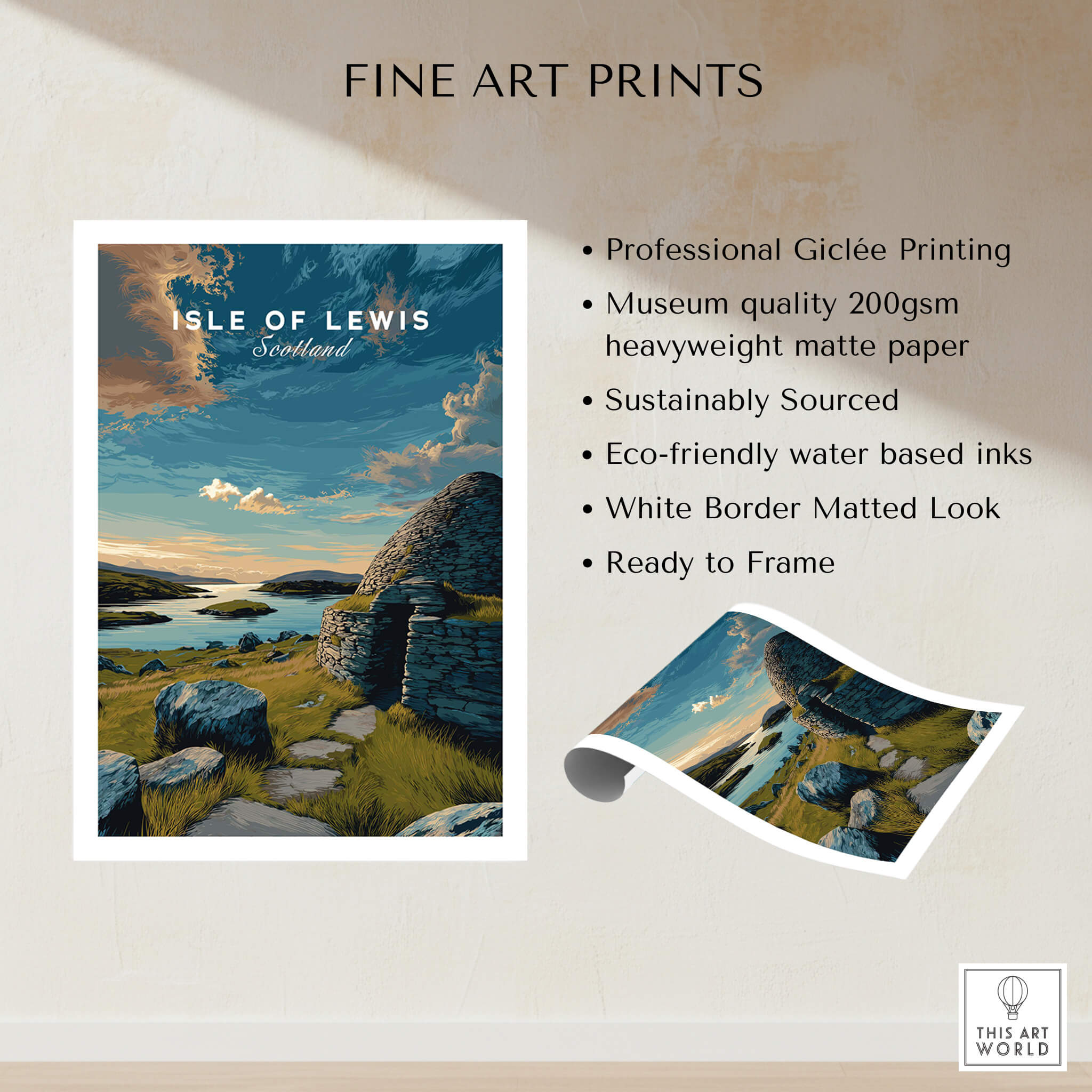 Isle of Lewis Scotland Travel Poster | Gearrannan Blackhouse Wall Art Print showcasing stunning landscapes and heritage.