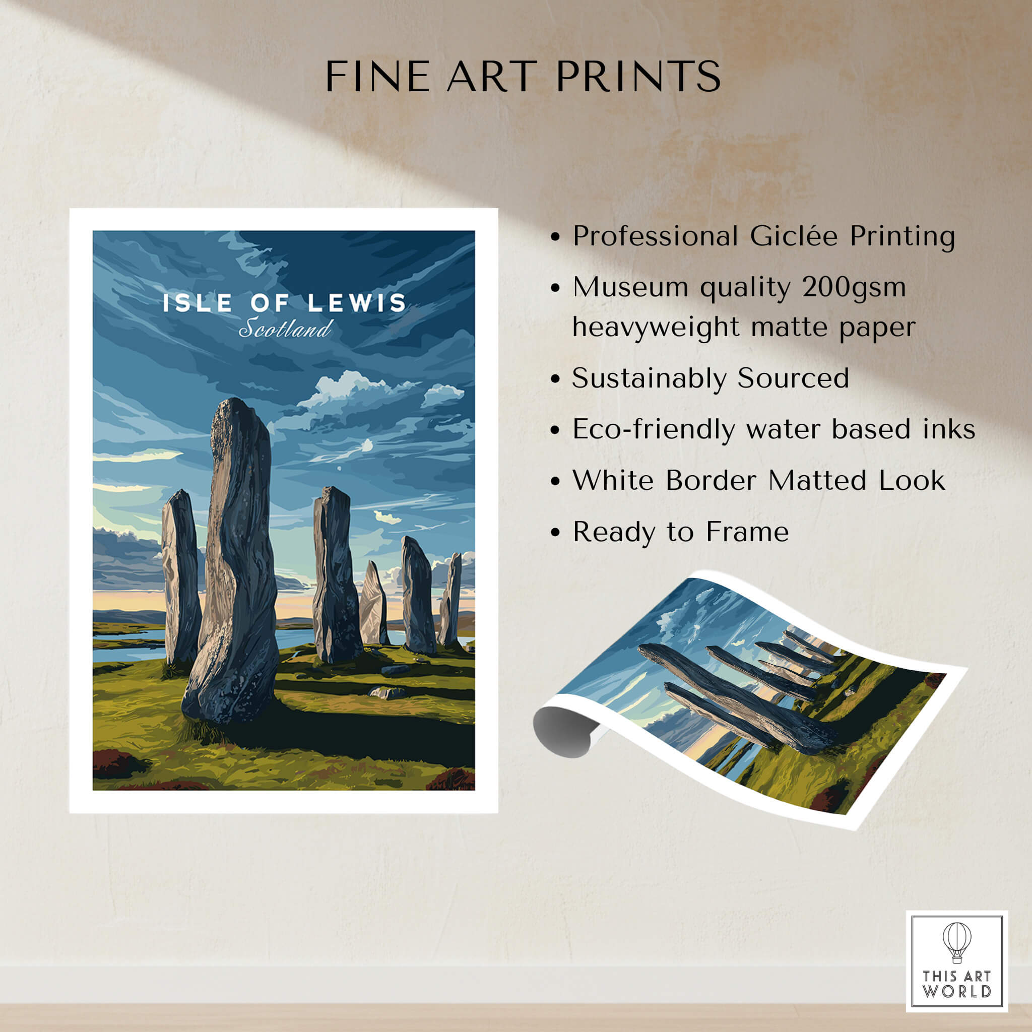 Isle of Lewis Scotland Wall Art Print | Callanish Standing Stones Travel Poster featuring vibrant megaliths and a stunning landscape.