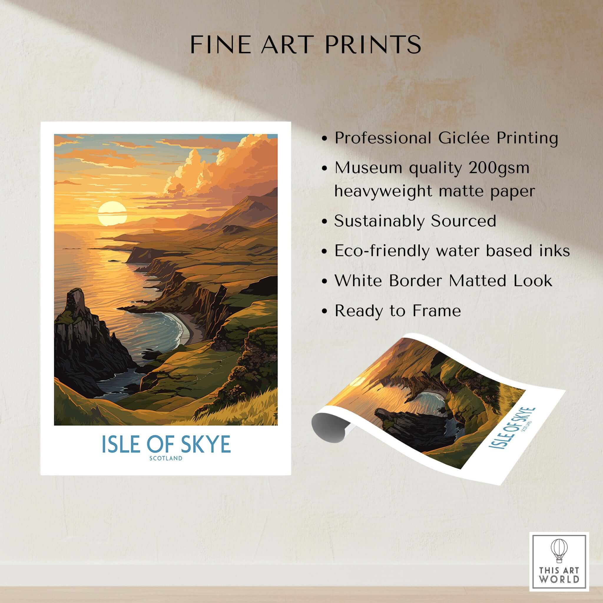 Isle of Skye Wall Art Print featuring vibrant sunset landscape and coastal scenery, perfect decor for art lovers.