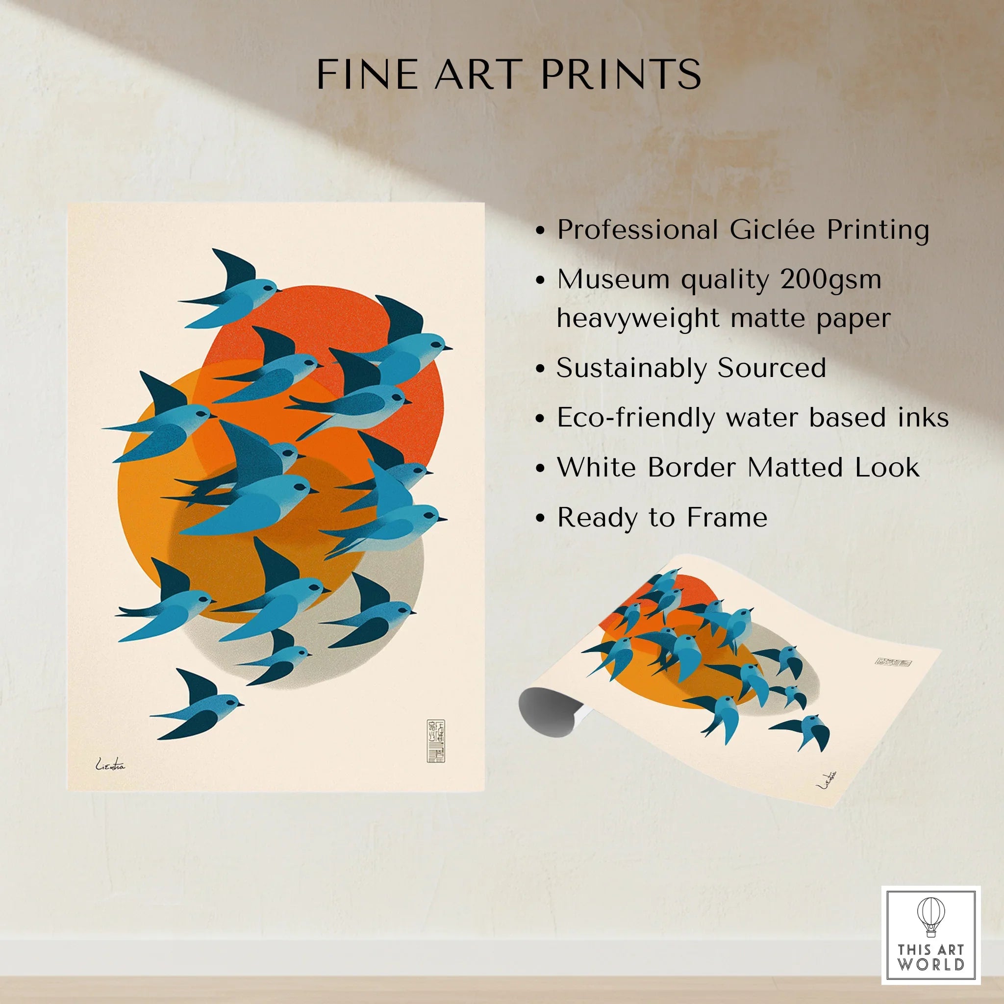 Modern fine art print featuring blue birds in flight over orange and beige abstract shapes
