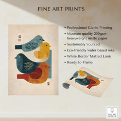 Modern Japanese bird art print with three stylized birds in blue, yellow, and orange tones