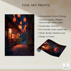 Unframed fine art print of a Japanese street at night with glowing lanterns, giclée quality.