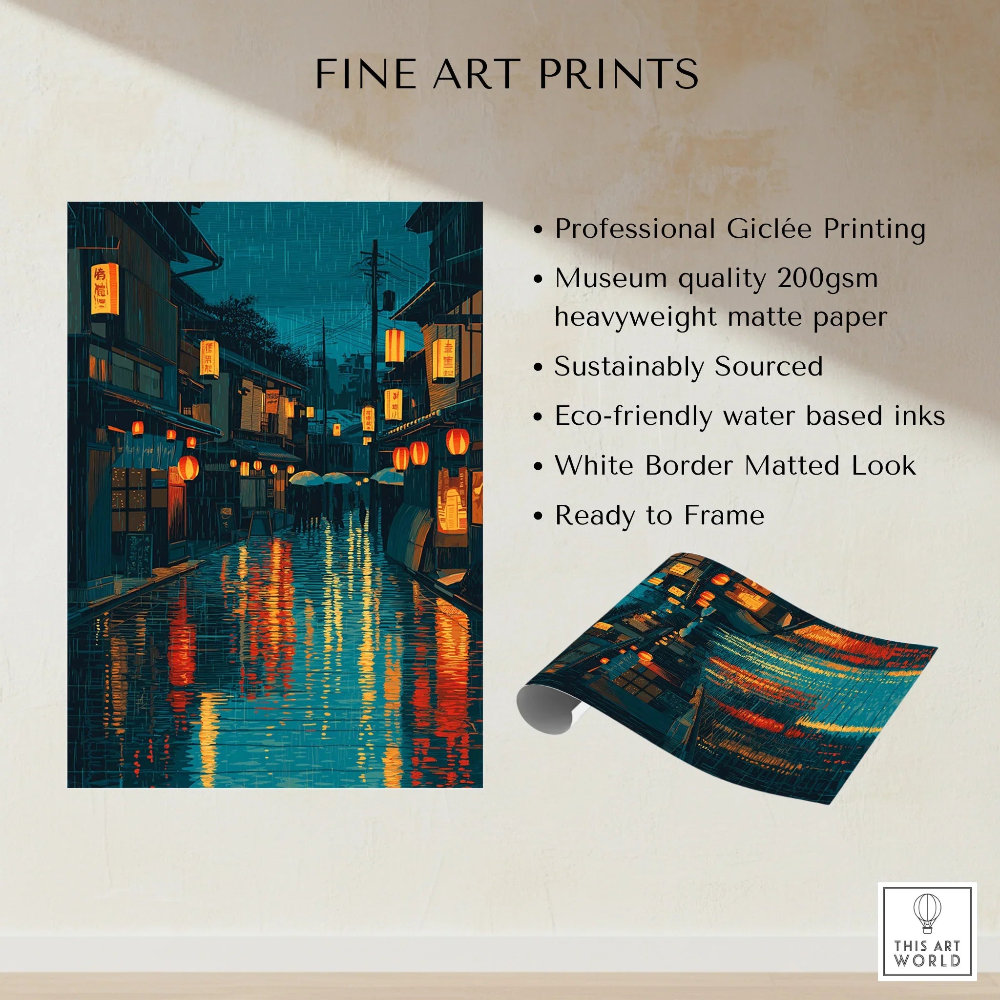 Fine art print of a rainy Japanese street scene with lanterns and reflections, unframed.