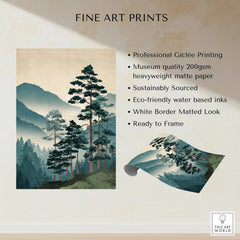 Fine art print of misty green mountains and tall pine trees, unframed and ready to hang.