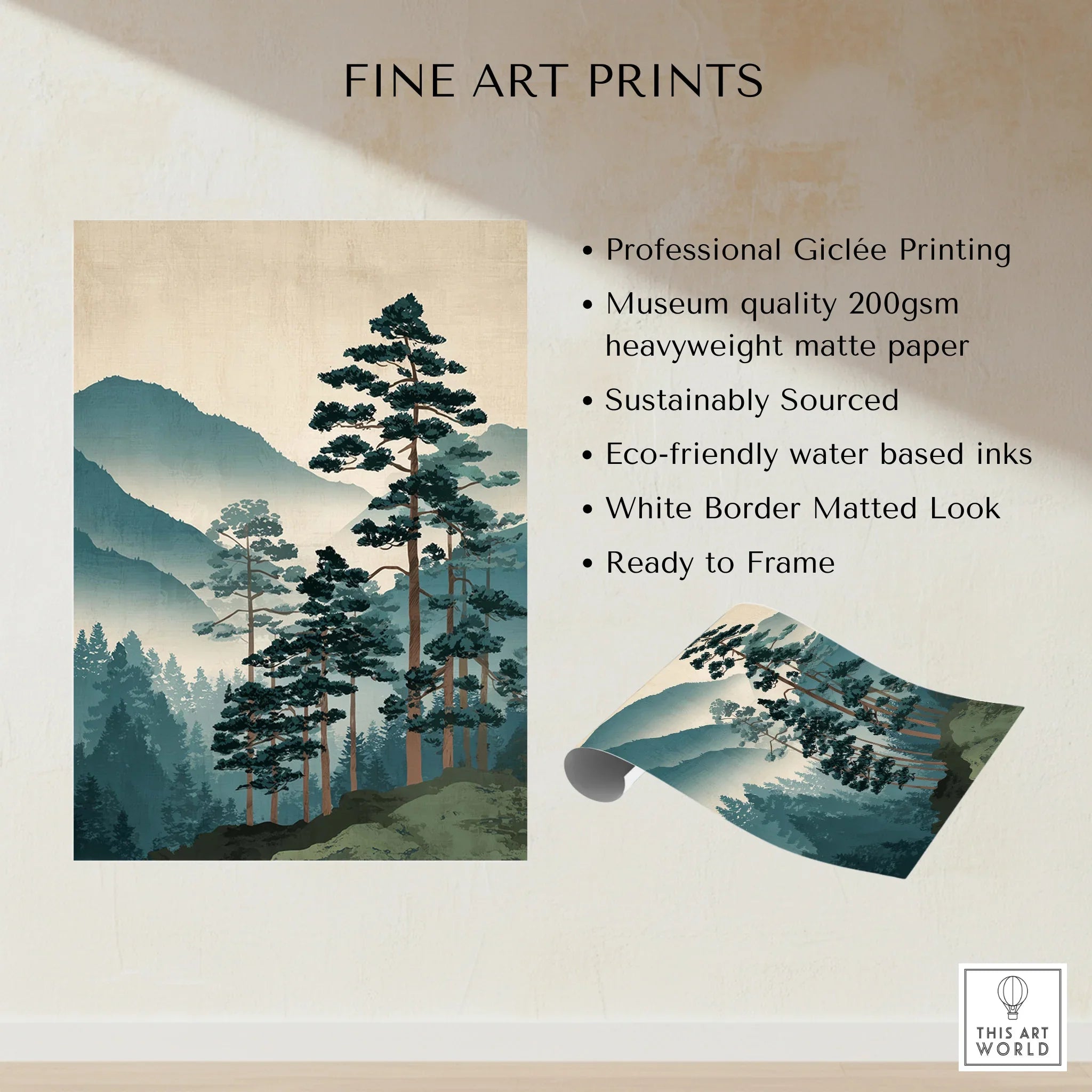 Fine art print of misty green mountains and tall pine trees, unframed and ready to hang.