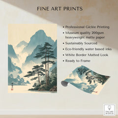 Japanese woodblock landscape art print with tall pine trees and misty mountains, unframed
