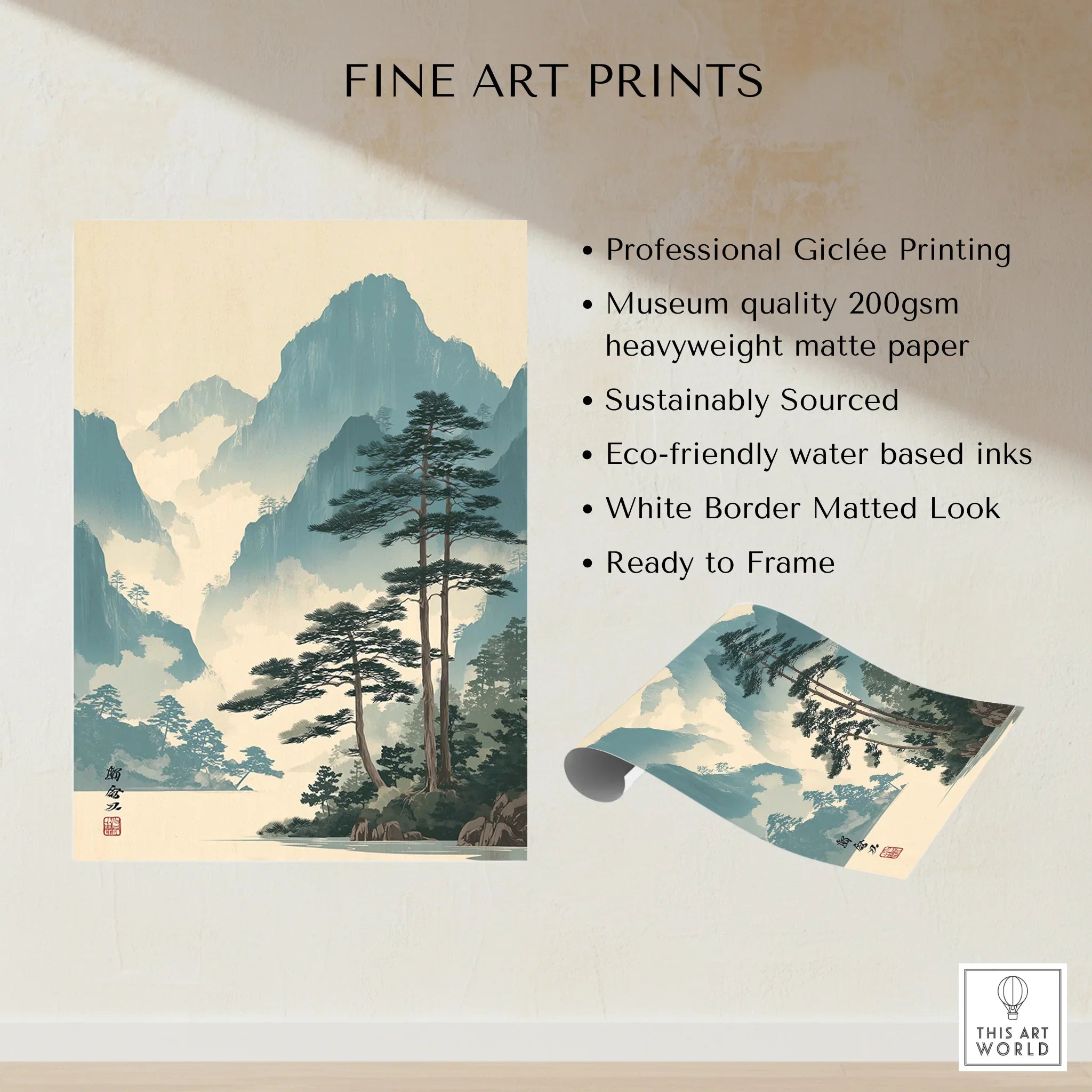 Japanese woodblock landscape art print with tall pine trees and misty mountains, unframed