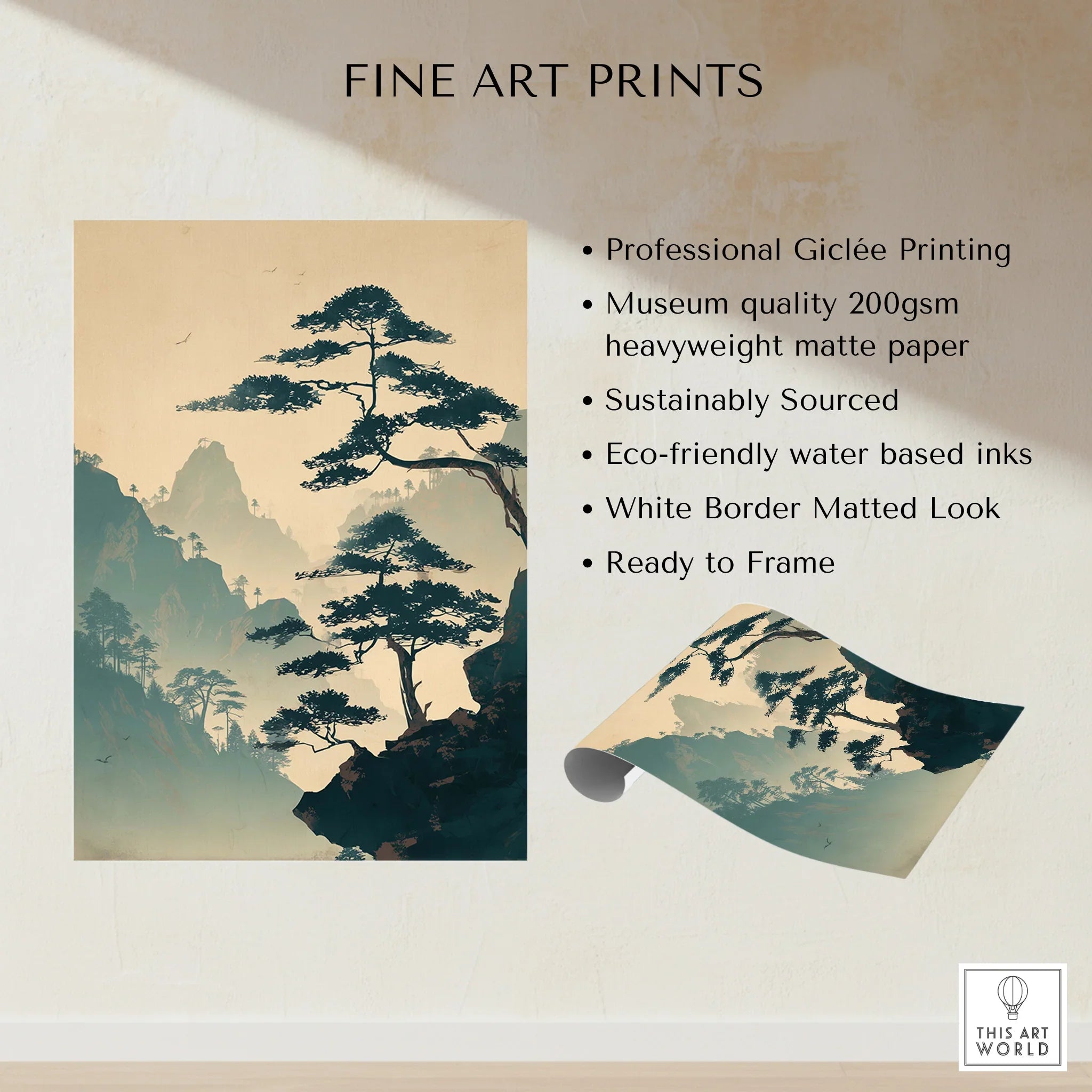 Fine art print of a stylized mountain landscape with pine trees, shown unframed on matte paper.