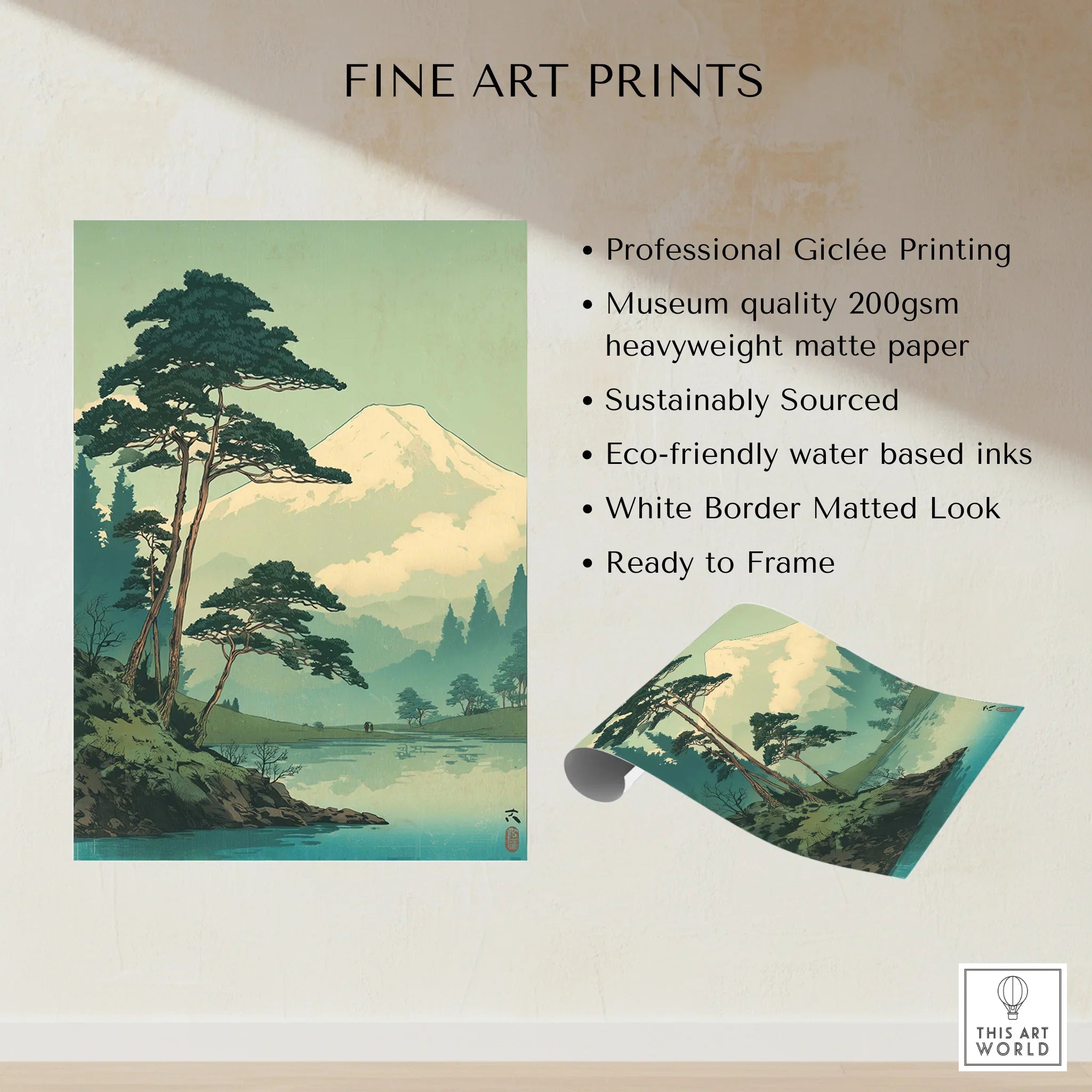Japanese woodblock-style art print with mountain landscape, lake, and pine trees.