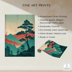 Fine art print of a Japanese woodblock-inspired landscape with mountains and silhouetted trees.
