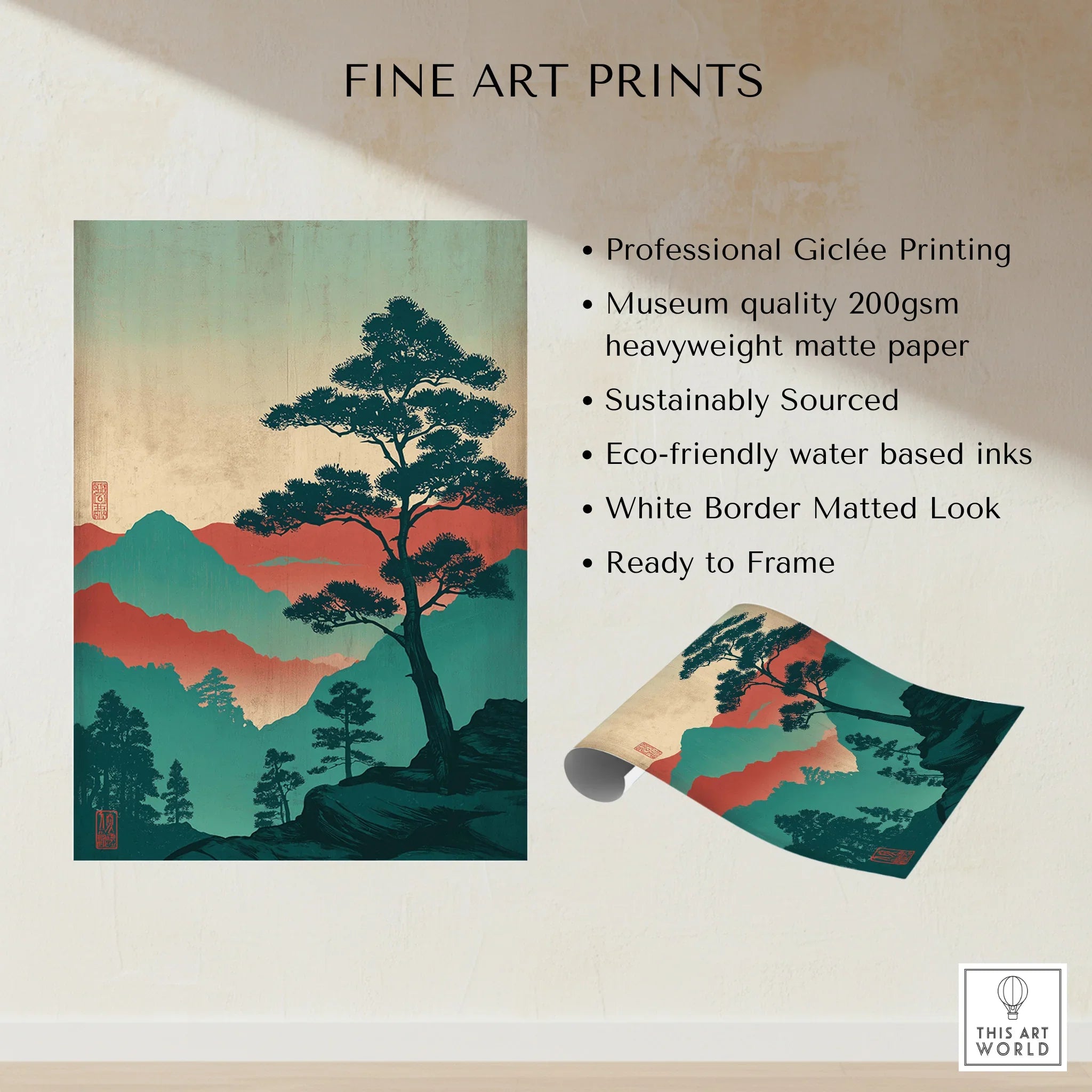 Fine art print of a Japanese woodblock-inspired landscape with mountains and silhouetted trees.
