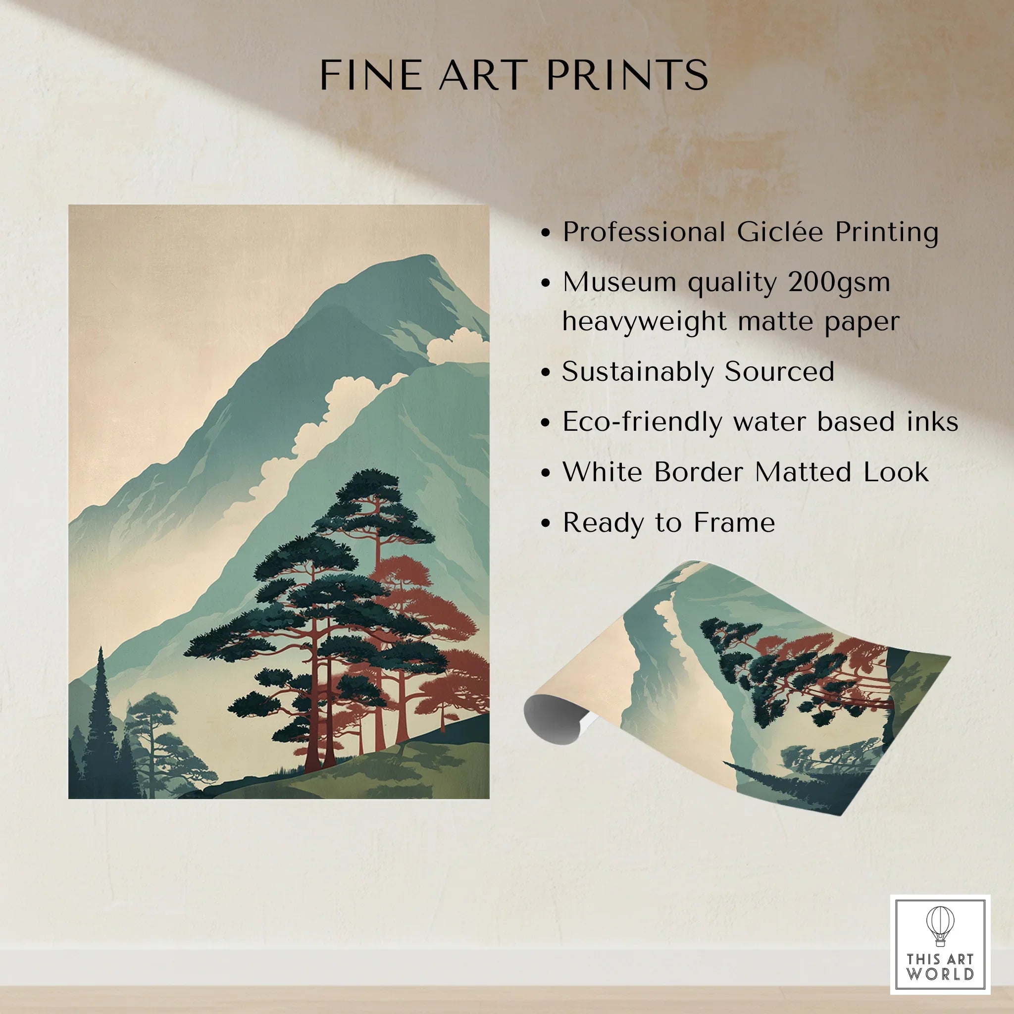 Japanese woodblock style mountain landscape fine art print with pine trees, unframed.