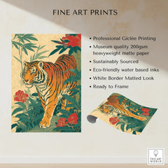Japanese-style tiger art print with lush green leaves and red flowers, unframed wall decor