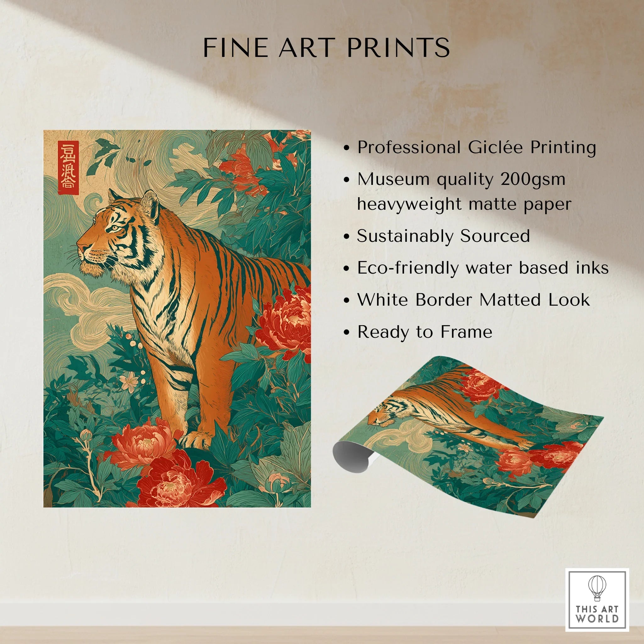 Japanese-style tiger art print with vibrant florals, giclée fine art print, unframed